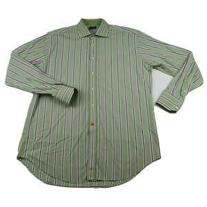 Thomas Dean Mens Long Staple 2 Ply Cotton Button Up Green Striped Shirt XL